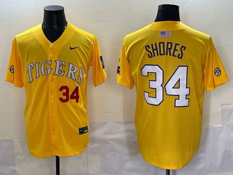 Men 2025 LSU Tigers 34 Shores Yellow Nike Joint Name Nike NCAA Jersey style 5